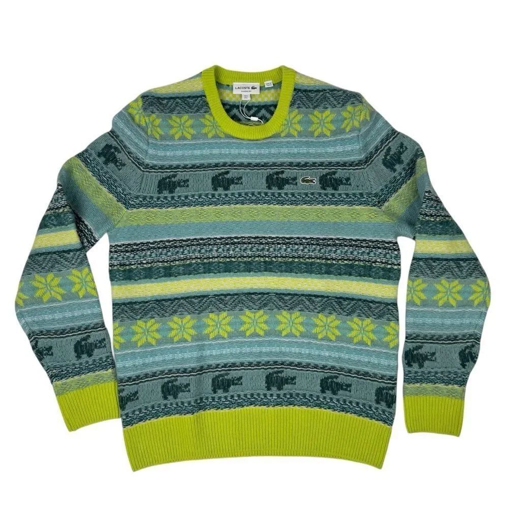 Lacoste Fair Isle Sweater Large Flash Yellow Wool Alpaca Knit Unisex NWT